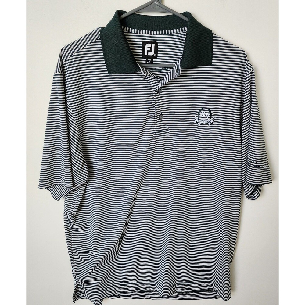 FJ Footjoy Medium Golf Polo Shirt Green White Striped Boulder Ridge Ad